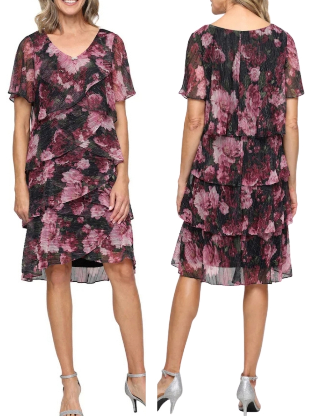 SLNY Pink and Black Floral Midi Dress